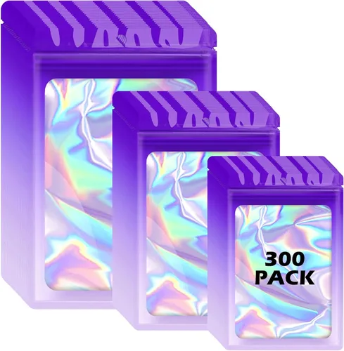 Miniatura 16 de 300 bolsas holográficas de mylar, 3 tamaños, bolsas a prueba de olores con ventana transparente, bolsas de papel de aluminio resellables