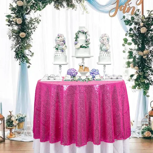 Miniatura 8 de ShinyBeauty Mantel de lentejuelas rosa intenso, superposición redonda brillante de 120 pulgadas para decoración de bodas, fiestas de cumpleaños