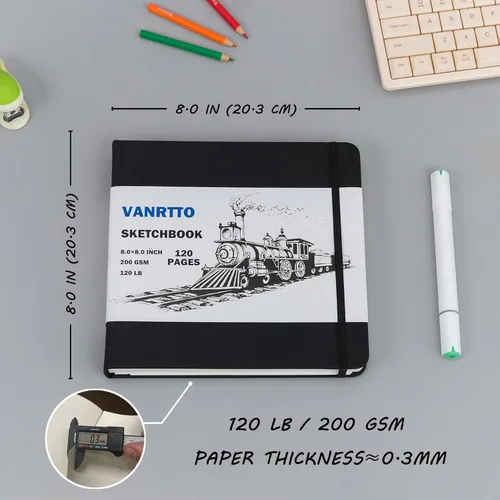 Miniatura 2 de Cuaderno de bocetos de tapa dura, cuaderno de bocetos cuadrado con papel de dibujo grueso de 120 libras/200 GSM, 120 páginas/60 hojas, bloc