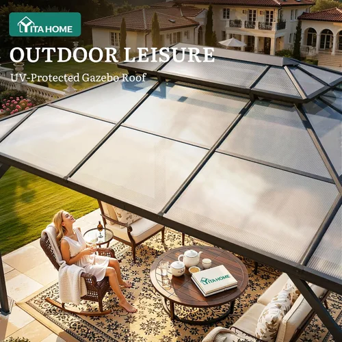 Miniatura 2 de YITAHOME Cenador de policarbonato de 10 x 12 pies para patio al aire libre, doble techo de hierro galvanizado, columna de aluminio, cortinas