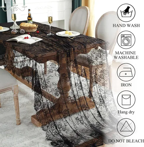 Miniatura 7 de ShinyBeauty Mantel de encaje rectangular de 60 x 120 pulgadas, mantel de encaje negro rústico floral con superposiciones de encaje vintage, mantel
