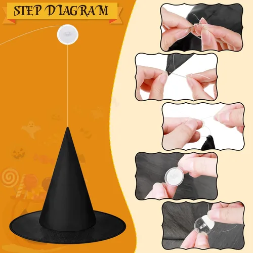 Miniatura 4 de SATINIOR Sombrero de bruja de Halloween, decoración colgante, sombrero de bruja flotante con accesorio de cuerda y ganchos transparentes sin costuras