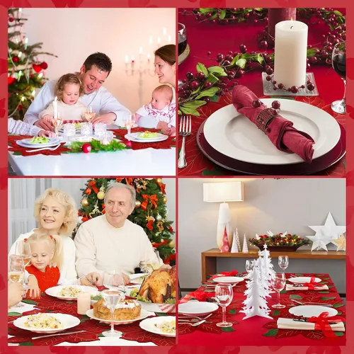 Miniatura 5 de Yingzhao Juego de 6 manteles individuales de Navidad con poinsettia bordados de doble capa con aplicación de flores rojas de Navidad para decoración