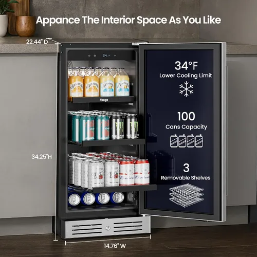 Miniatura 4 de Yeego Refrigerador de bebidas de 15 pulgadas, enfriador de bebidas para 100 latas con bloqueo y descongelación automática, nevera de bebidas