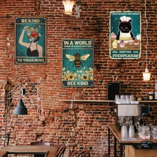 Miniatura 6 de SUPERDANT Letreros de lata de flor de abeja, divertidas citas inspiradoras con texto en inglés «Be Kind», póster de metal con girasoles vintage