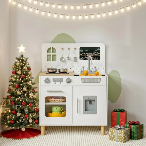 Miniatura 2 de Arlopu Juego de cocina de madera para niños con pizarra, luces y sonidos realistas, cocina interactiva con estufa, dispensador de agua, 6 utensilios