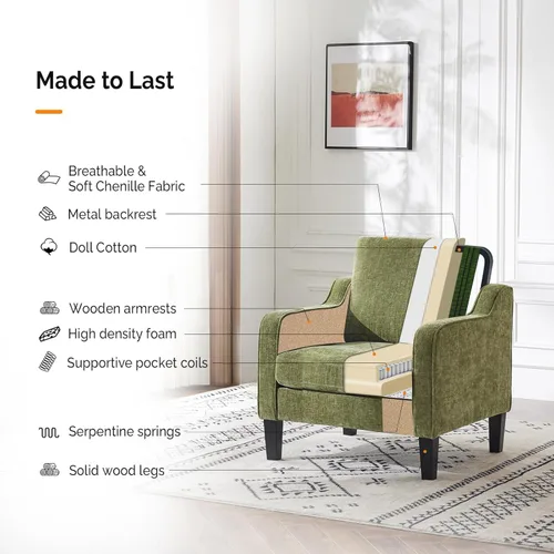 Miniatura 6 de VINGLI Silla de Acento para Sala de Estar Sillas Verde Oliva Silla de Lectura para Dormitorio Silla con Brazo Recogido Sillas de Acento Modernas