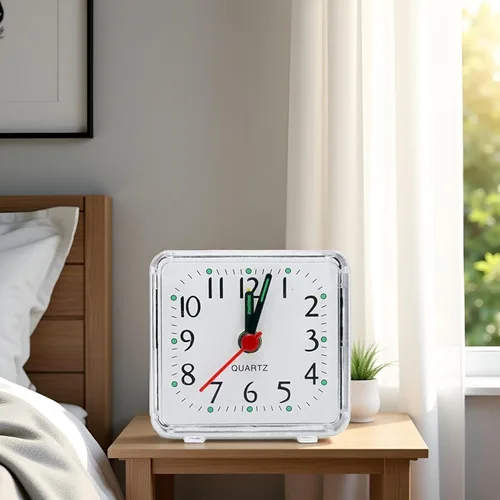 BWESOO Reloj despertador blanco pequeño transparente cuadrado de cuarzo con pitido de mesa silencioso, reloj de noche silencioso con pilas, relojes