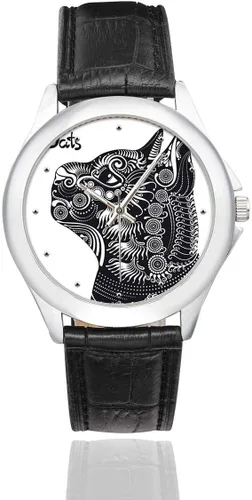 Vintage Cat Paisley Mandala Impermeable Mujer Acero Inoxidable Clásico Correa Relojes De Cuero Negro