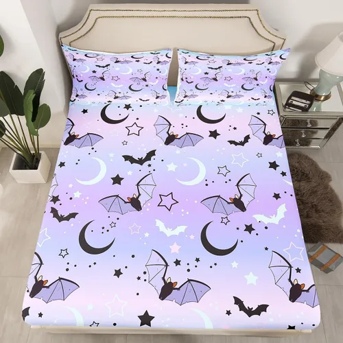 Miniatura 2 de Manfei Juego de sábanas de Feliz Halloween, tamaño individual, juego de ropa de cama de murciélagos morados y estrellas para decoración