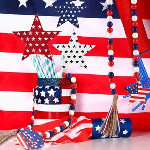 Miniatura 4 de CYee Guirnalda patriótica de cuentas de madera del 4 de julio con borlas rústicas para colgar en la pared con bandera americana con etiqueta