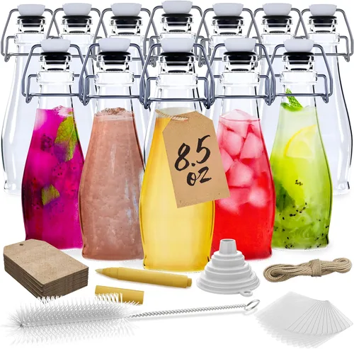Nevlers Botellas de vidrio con tapa abatible de lágrima de 8.5 onzas con tapas, botella de vidrio abatible con tapón, paquete de 12 unidades,