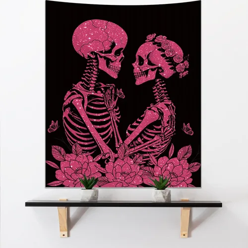 Miniatura 10 de KJHL The Lovers - Tapiz de calavera para colgar en la pared, tapiz gótico negro de bruja, tapiz de esqueleto vertical oscuro, tapices estéticos