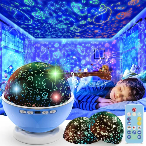Proyector de luz nocturna, luz nocturna para habitación de niños con control remoto y temporizador, rotación de 360°, 3 películas de proyección, 18