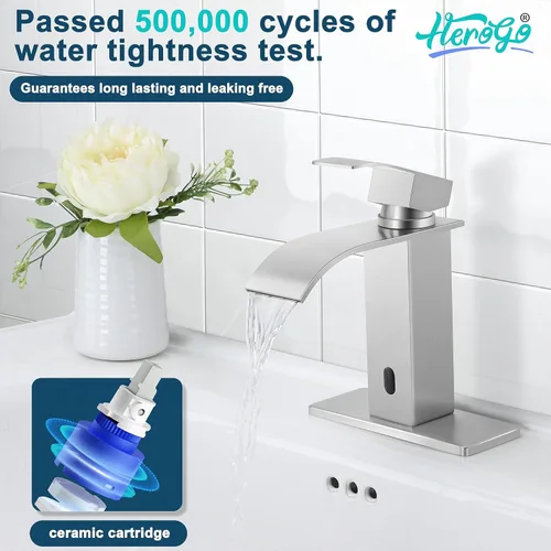 Miniatura 6 de Herogo Grifo de lavabo de baño sin contacto, sensor automático de níquel cepillado, cascada de acero inoxidable con drenaje desplegable de latón