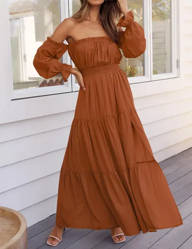 Miniatura 122 de ZESICA - Vestido largo, bohemio y sexy, con hombros descubiertos y manga larga fruncida, con elástico fruncido, cintura alta y abertura lateral