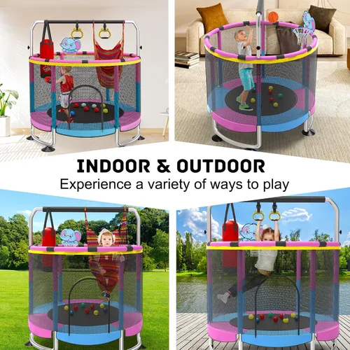 Miniatura 5 de Yozoia 60" Toddler Trampoline, Indoor Trampoline for Kids with Safety Enclosure, 440LBS Support, Adjustable Gymnastics Bar & Toys for Boys Girls