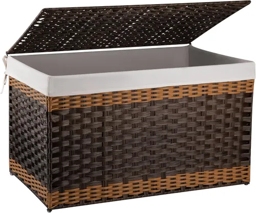 Miniatura 13 de OIAHOMY Cesta de almacenamiento con tapa, cesta de mantas de 42.3 galones (160L) con forro extraíble, cesta de mimbre sintético con asa, plegable