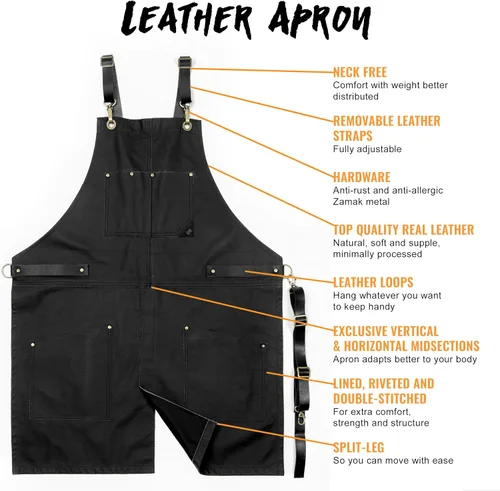 Miniatura 3 de Under NY Sky Delantal de cuero – correas cruzadas, pierna dividida, remachado, forrado – Piel auténtica para barberos, chef, camarero, barista Negro