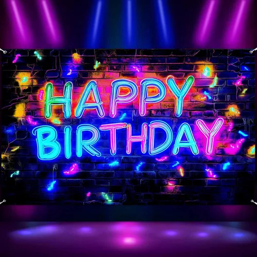 Cartel de fondo de neón para fiesta de cumpleaños, luz negra que brilla en la oscuridad, pancarta grande de feliz cumpleaños, suministros de