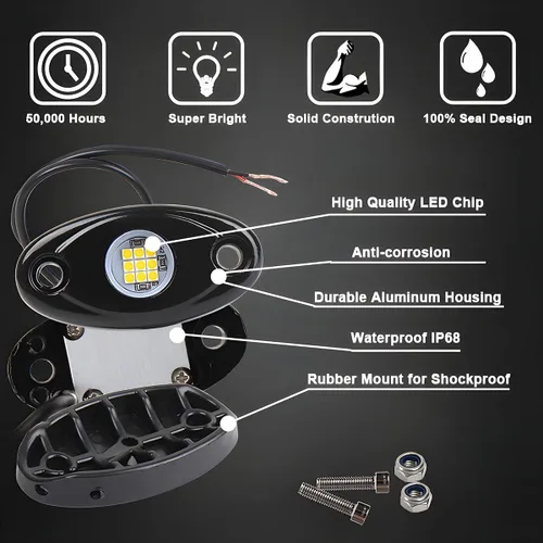 Miniatura 4 de Luces de Roca para Camiones, 4 Módulos de Luces LED de Roca, Kits de Luces de Neón de Roca Impermeables IP67 para Camioneta ATV Todoterreno SUV
