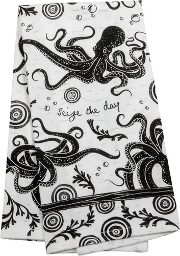 Karma Gifts KA101944 - Toalla de té bohemia en blanco y negro, algodón, pulpo, 18 x 22 pulgadas Blanco/Negro