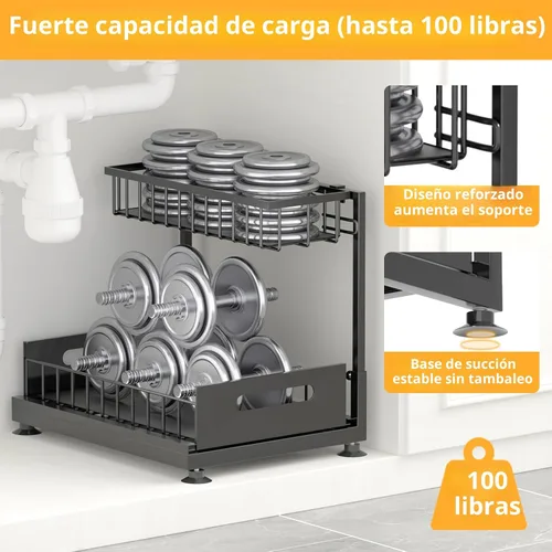 Miniatura 5 de Saydear Organizador de almacenamiento para debajo del fregadero, organizador de armario de cocina extraíble de 2 niveles con cajón deslizante, Negro