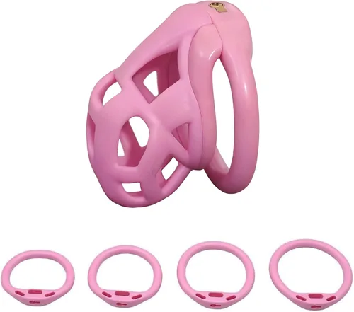 Miniatura 9 de Jaula de castidad rosa 2.0 dispositivo de castidad masculina con 4 anillos de resina ligera jaula de castidad para hombre pene ejercicio de bondage