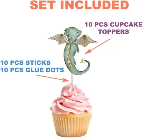 Miniatura 4 de Decoración para cupcakes de dragón, 10 piezas, suministros para baby shower y fiesta de cumpleaños con lindos dragones de fantasía para niños