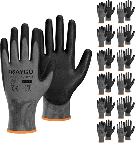 Miniatura 84 de KAYGO KG11PB - Guantes de seguridad con revestimiento delgado de poliuretano, tejido sin costuras, agarre suave en palma y dedos, para trabajo Verde