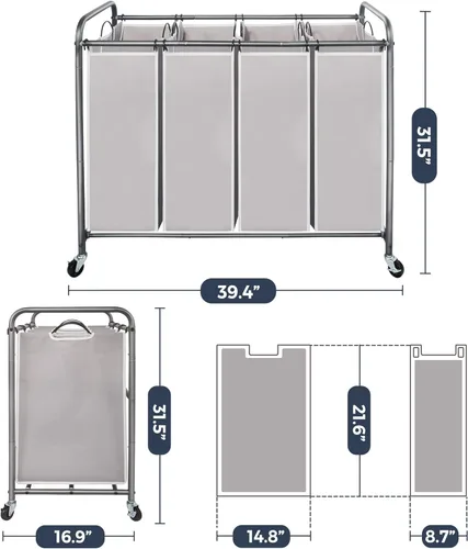 Miniatura 6 de STO STO Cesta clasificadora de ropa de 4 secciones, 4 bolsas, cesta de lavandería con ruedas resistentes con cerradura y bolsa extraíble para Gris