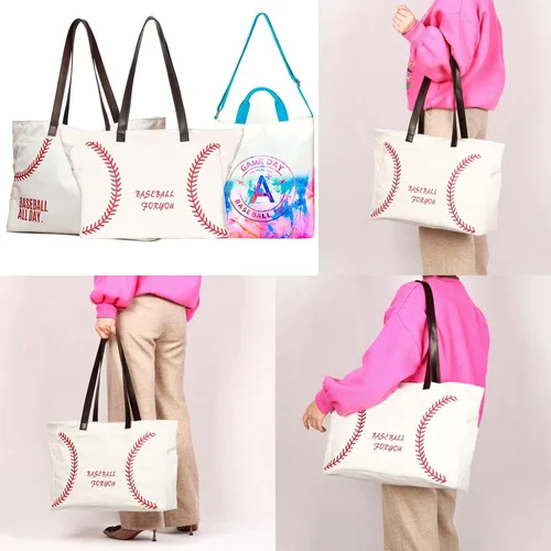 Miniatura 6 de Bolsas de béisbol para mujer, bolsas de lona gruesa con bolsillos, artículos esenciales deportivos para mamá, accesorios para el día del juego