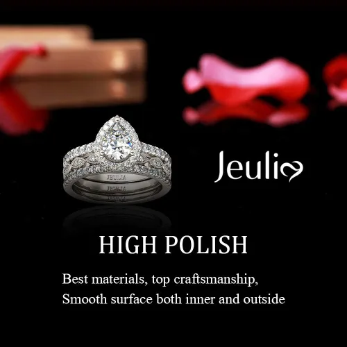 Miniatura 3 de Jeulia Juego de anillos de halo de corte pera, anillo de compromiso con forma de corazón CZ para mujer, plata de ley, diamante blanco, anillos