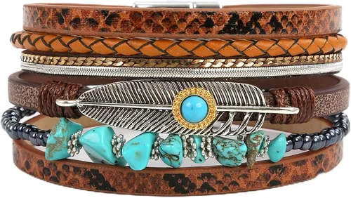 Miniatura 9 de Fesciory - Pulsera de leopardo para mujer, estilo bohemio de cuero multicapa con perlas de cristal