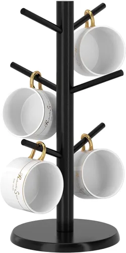 Miniatura 8 de Wisuce Soporte de bambú para tazas, base más gruesa, soporte para taza de café para mostrador, estante para tazas con 6 ganchos Base negra