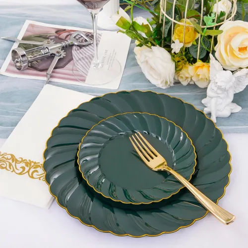 Miniatura 4 de YOUBET 150 platos de plástico verde esmeralda, vajilla desechable verde y dorado que incluye 50 platos, 25 cuchillos, 25 tenedores, 25 cucharas, 25