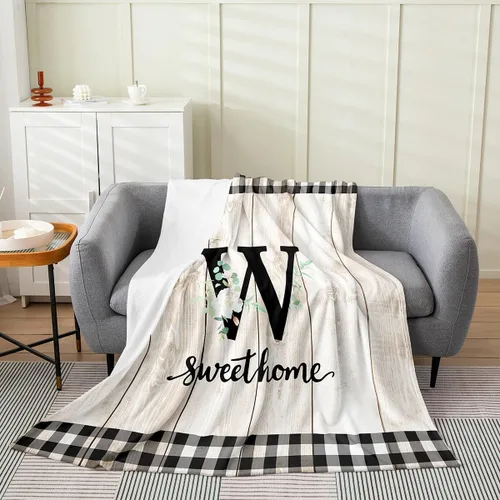 Miniatura 11 de Erosebridal Flower Initial S Flannel Blanket White Floral Flowers Fleece Blanket,40"X50",Personalized Letters Fuzzy Plush Throw for Sofa Beige Negro