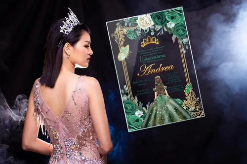 Miniatura 7 de Avior Invitación de quinceañera Vestido verde esmeralda Invitación de vidrio acrílico, Mis Membrillo, Dulce 15, Dulce 16, Diseño floral, xv anos, 15