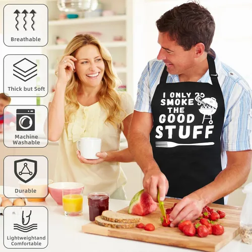 Miniatura 5 de Ougher Delantales divertidos para hombres, delantal de barbacoa para papá con 2 bolsillos, correa ajustable para el cuello, delantales de cocina