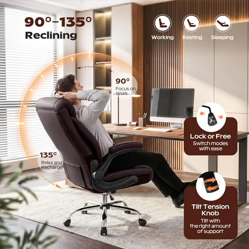 Miniatura 5 de Silla de oficina, Silla de escritorio ergonómica de respaldo alto para oficina en casa, Silla de oficina grande y alta de cuero transpirable con Café