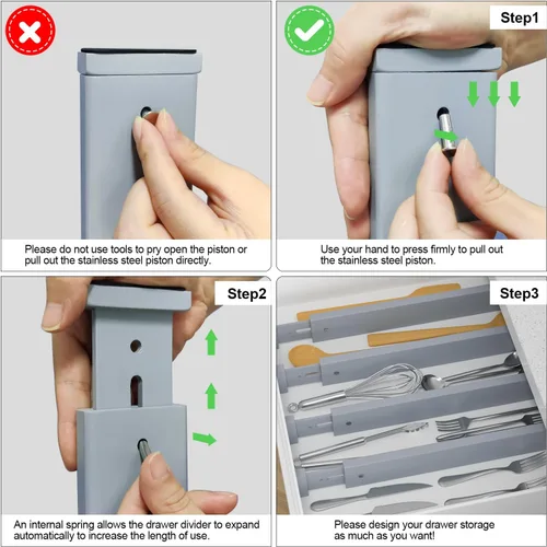 Miniatura 5 de Divisor de bambú para cajones de cocina, paquete de 4, organizador de cajones de utensilios ajustable de 17-22 pulgadas para tocador, baño, Gris
