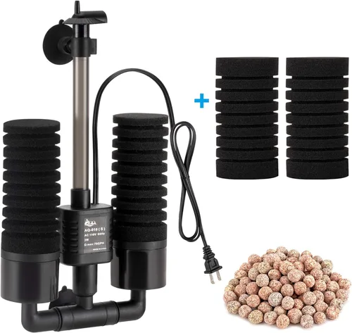Miniatura 8 de AQQA Filtro de agua de esponja para acuario, filtro bioquímico doble accionado por potencia, filtro de espuma sumergible silencioso con 2 esponjas