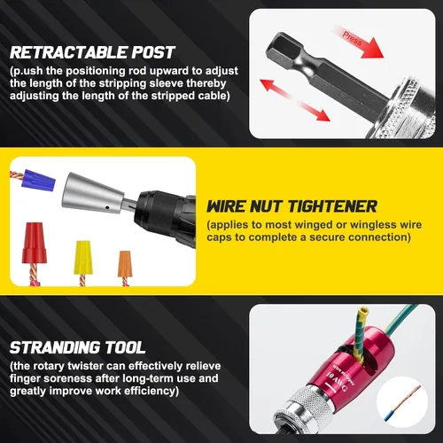 Miniatura 4 de Pelacables para taladro - 2025 Herramienta eléctrica mejorada de pelado y torsión de cables para AWG 14-12-10, herramienta pelacables para taladro