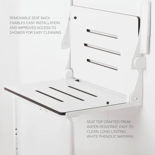 Miniatura 5 de Seachrome Silhouette Comfort Plus Asiento plegable resistente para ducha de montaje en pared con reposabrazos y patas, asiento blanco con marco