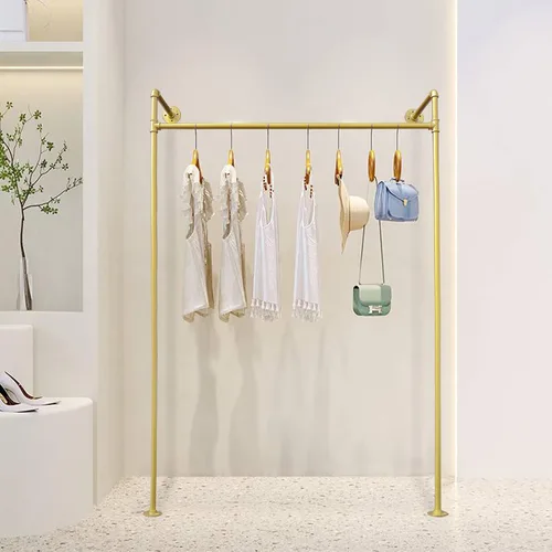 Miniatura 7 de DYRABREST Perchero de pared moderno de metal dorado para almacenamiento de ropa, soporte de exhibición de ropa comercial, perchero portátil