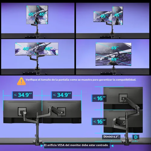 Miniatura 2 de ARES WING Soporte de escritorio con brazo de doble monitor para monitores ultraanchos de 17 a 49 pulgadas, soporte de monitor doble resistente