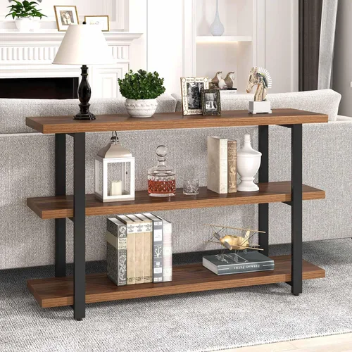 Miniatura 5 de FOLUBAN Mesas de consola para entrada, mesa de sofá moderna de madera y metal con estantes de almacenamiento para sala de estar, pasillo, entrada