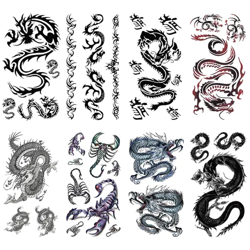 Tatuaje temporal de dragón chino genial para hombres, dragón realista tribal 3D escorpión tatuaje falso pecho adulto niño, negro rojo media manga