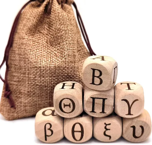 Juego de dados de madera del alfabeto griego, 24 letras griegas talladas, cubos rodantes para juegos de fiesta de enseñanza (minúscula+mayúscula, 8