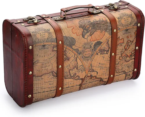 ELLDOO Cofre de almacenamiento de madera vintage, maleta de equipaje decorativa portátil, caja de cofre del tesoro con patrón de mapa, caja de